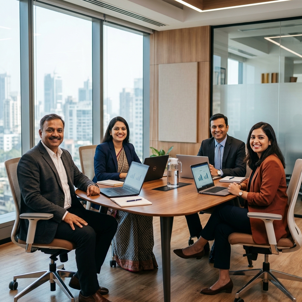 Indian professionals collaborating in a modern workspace